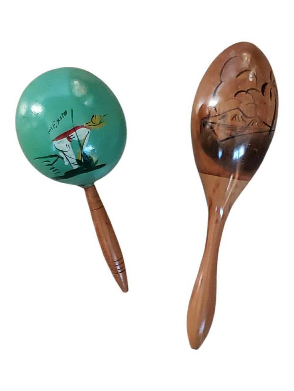 Vintage Hand-Painted Teal and Natural Wood Maracas - Decorative Home Accent